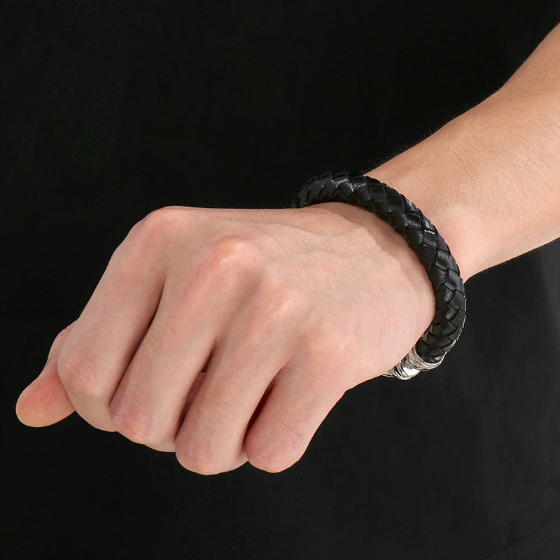 Stylish & Double-Layer Spliced Leather Bracelet – Vacuum Electroplated Spring Buckle