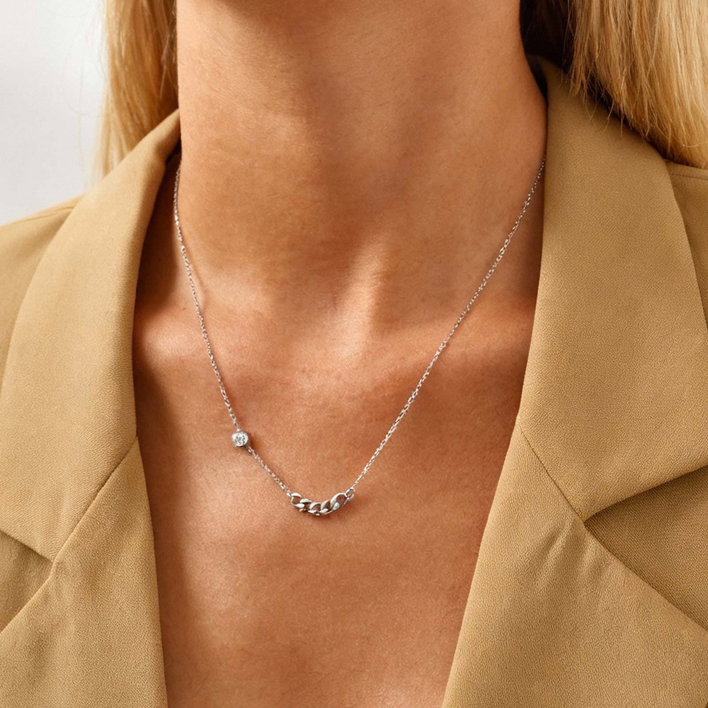 Stainless Steel Urban Refined Minimalist Zircon Chain Necklace For Commuters