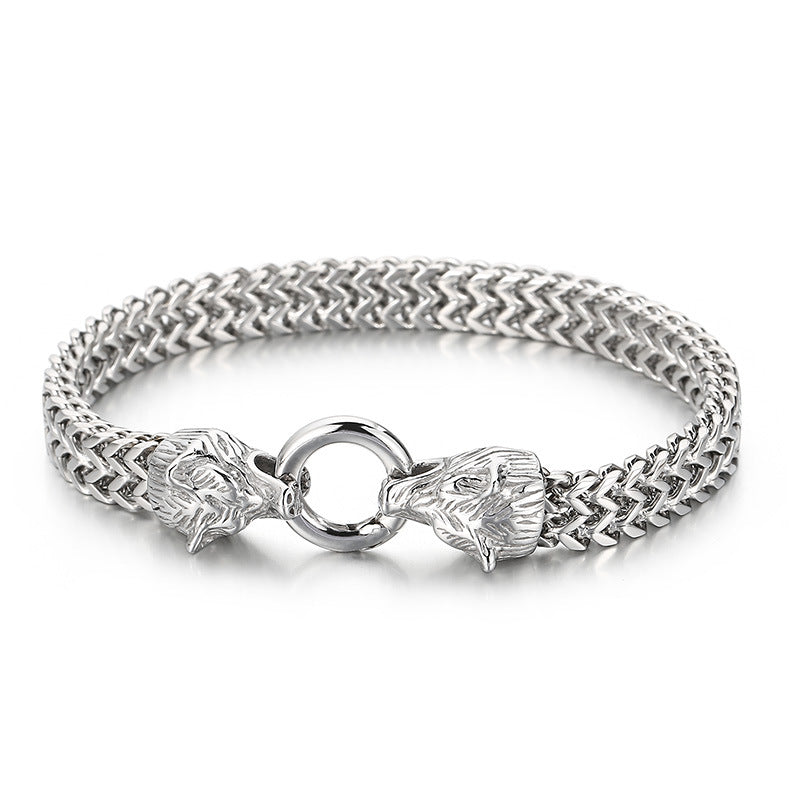Titanium Steel Men's Bracelet with Double Wolf Head Design in Hip-Hop Style