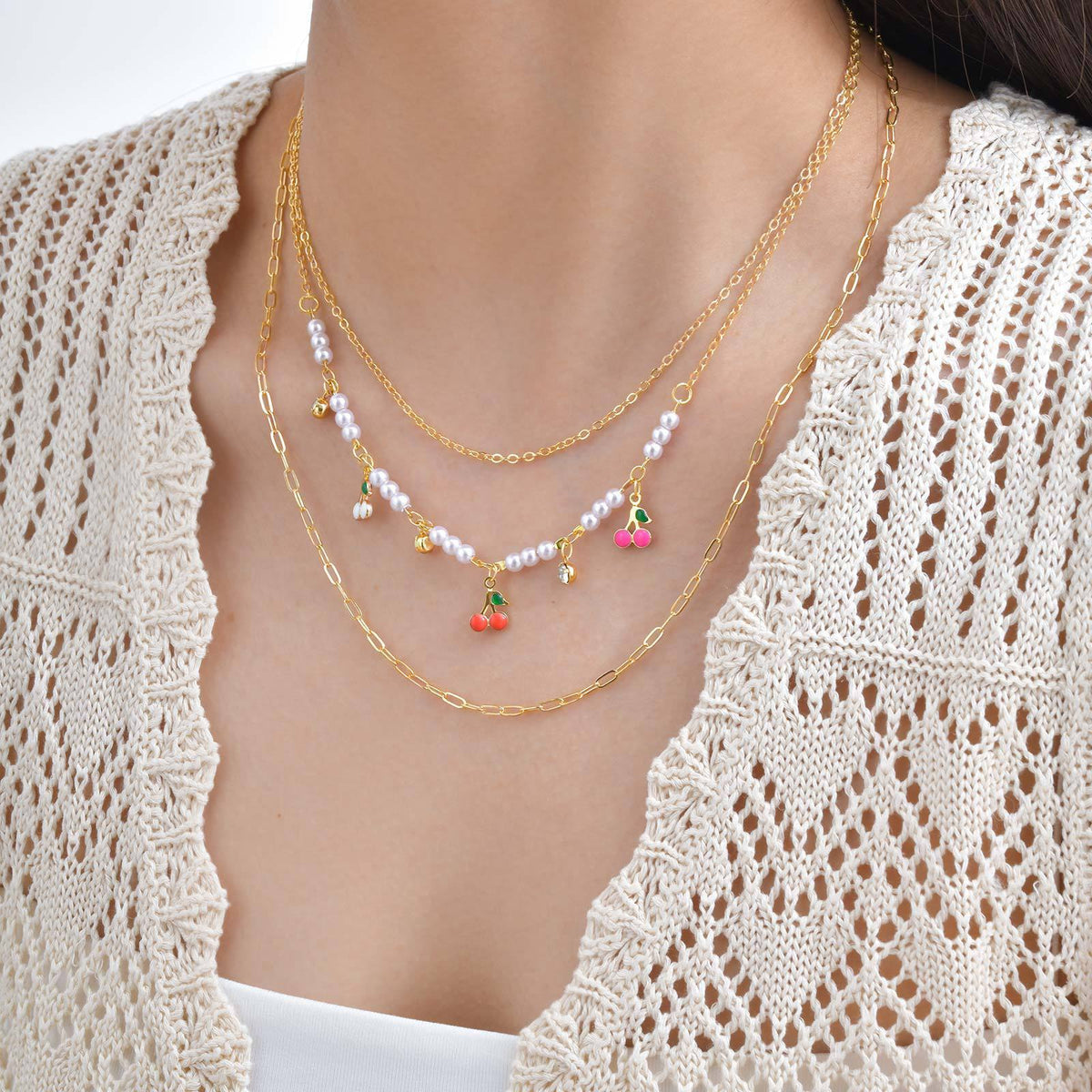 Layered Cherry Charm & Pearl Necklace