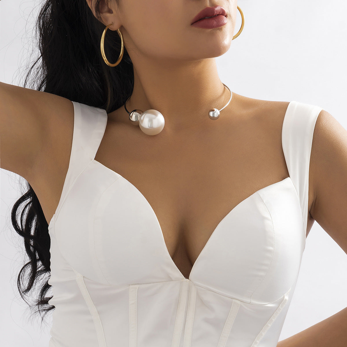 Metal Ring Collar Asymmetric Imitation Pearl Bead Necklace