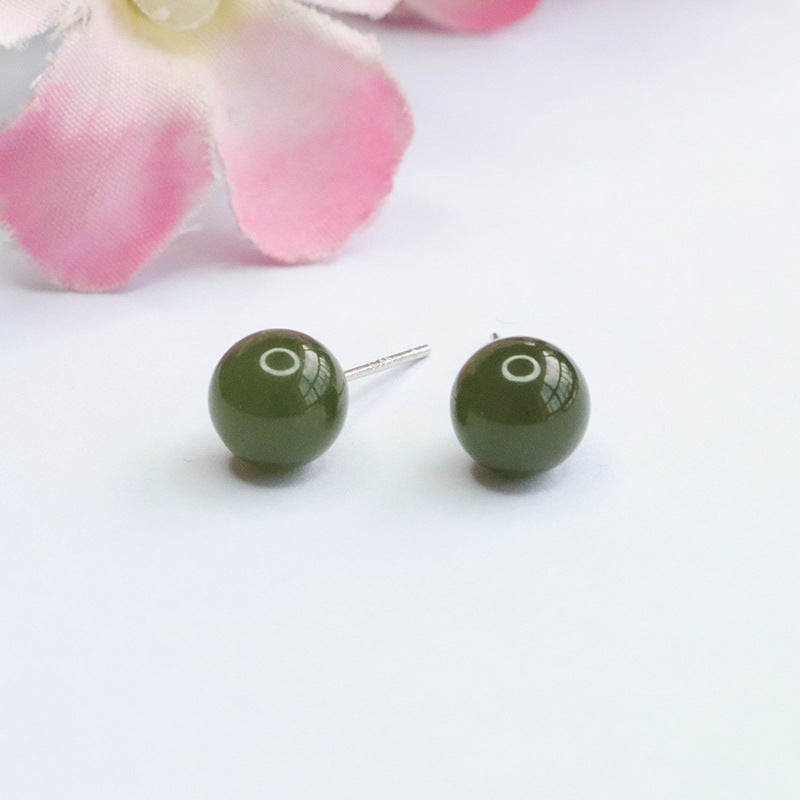 Sterling Silver Stud Earrings with Natural Hotan Jade Insets