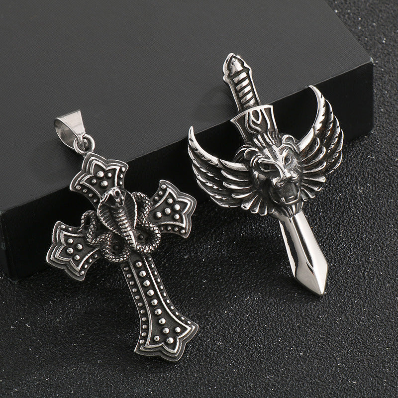 Flying Wings Pendant, Gothic Lion Head Rose Cross Wings Titanium Steel Men's Pendant Necklace