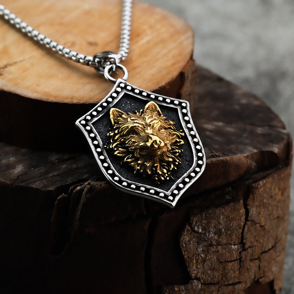Hanging Shield Design Sense Necklace Men's Hip Hop Titanium Steel Necklace Nightclub Retro Wolf Head Pendant