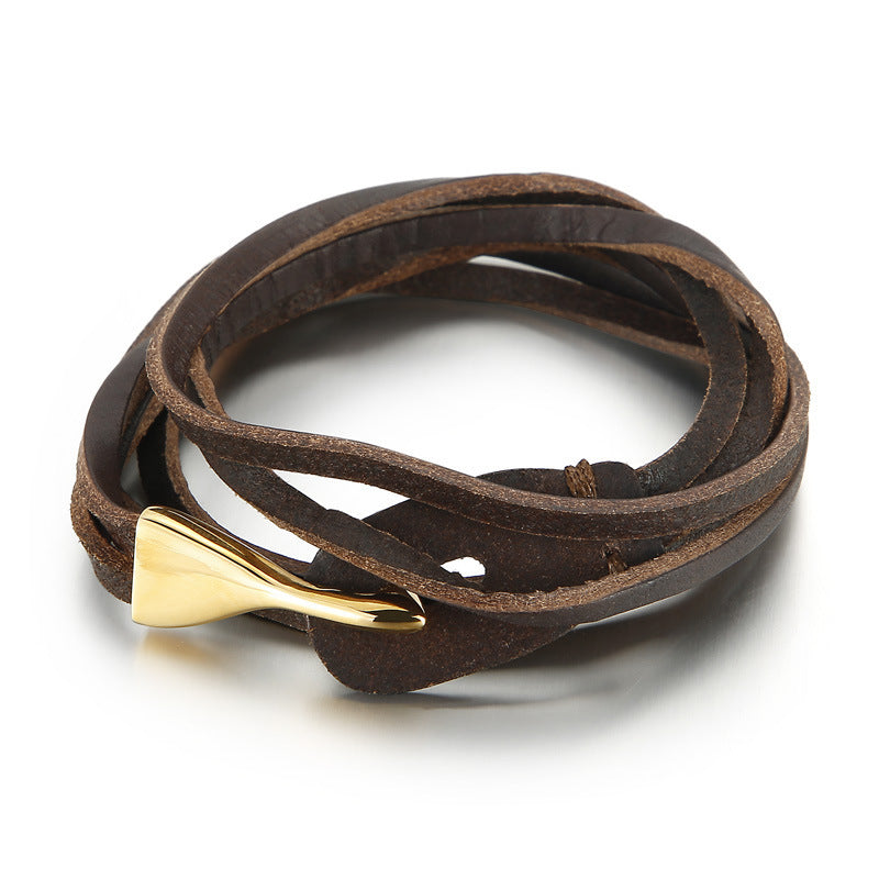 Mens Titanium Steel Woven Leather Bracelet Fish Hook Buckle