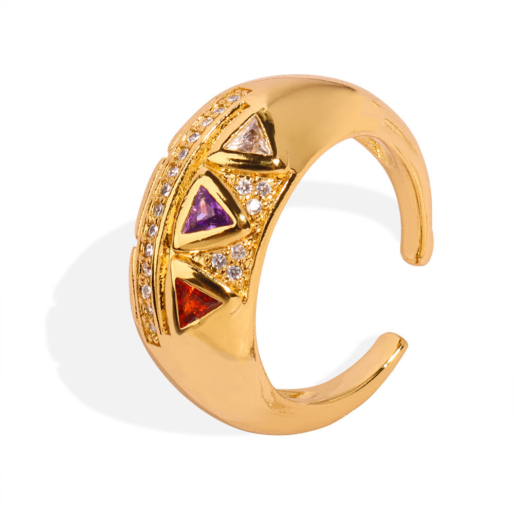 Retro Geometric Copper Zircon Open Ring - Court Style Luxury Jewelry