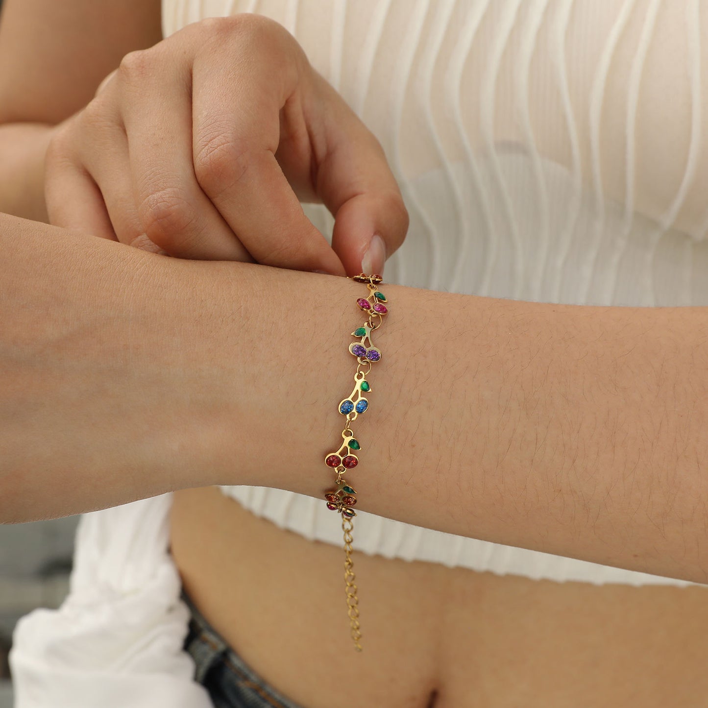 Ladies Color Epoxy Bracelet Stainless Steel Gold Cherry Flower Heart Element