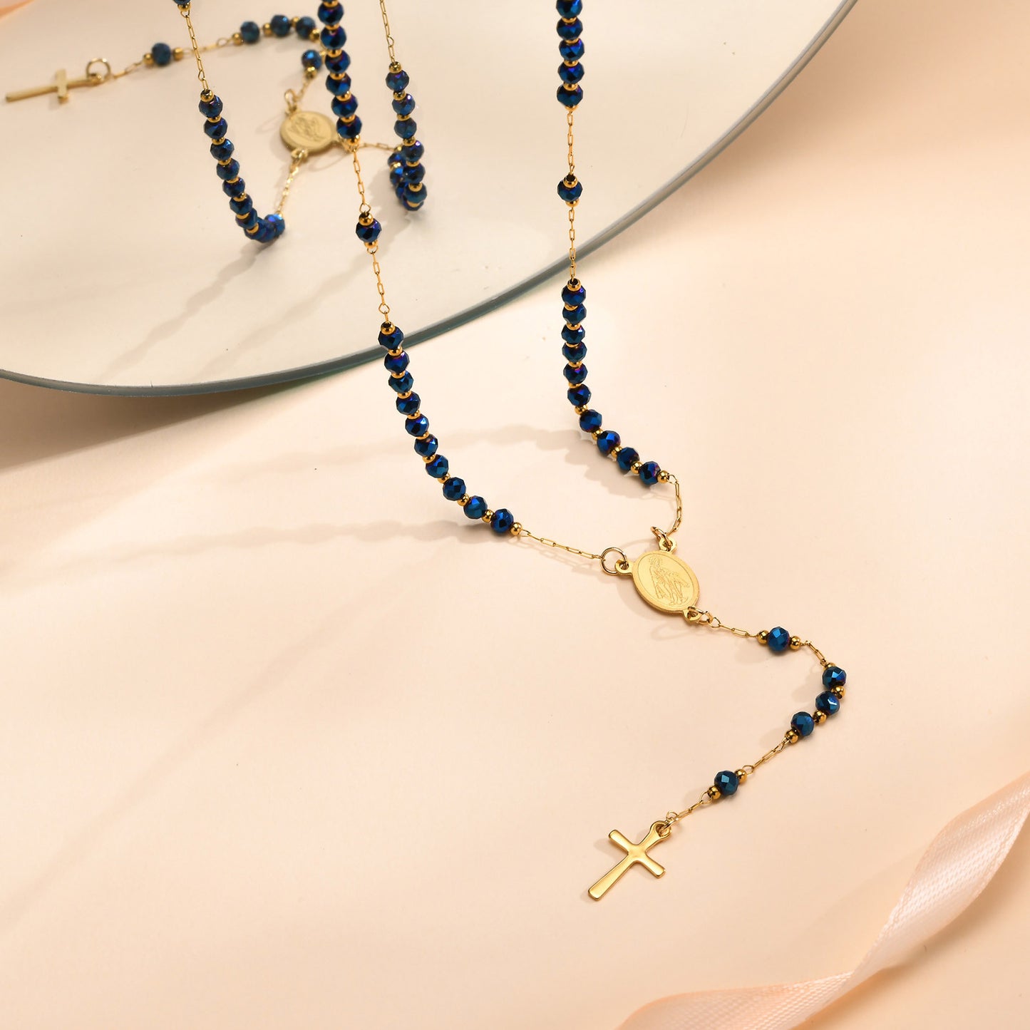 Ladies Stainless Steel Virgin Mary Cross Beaded Necklace Gold