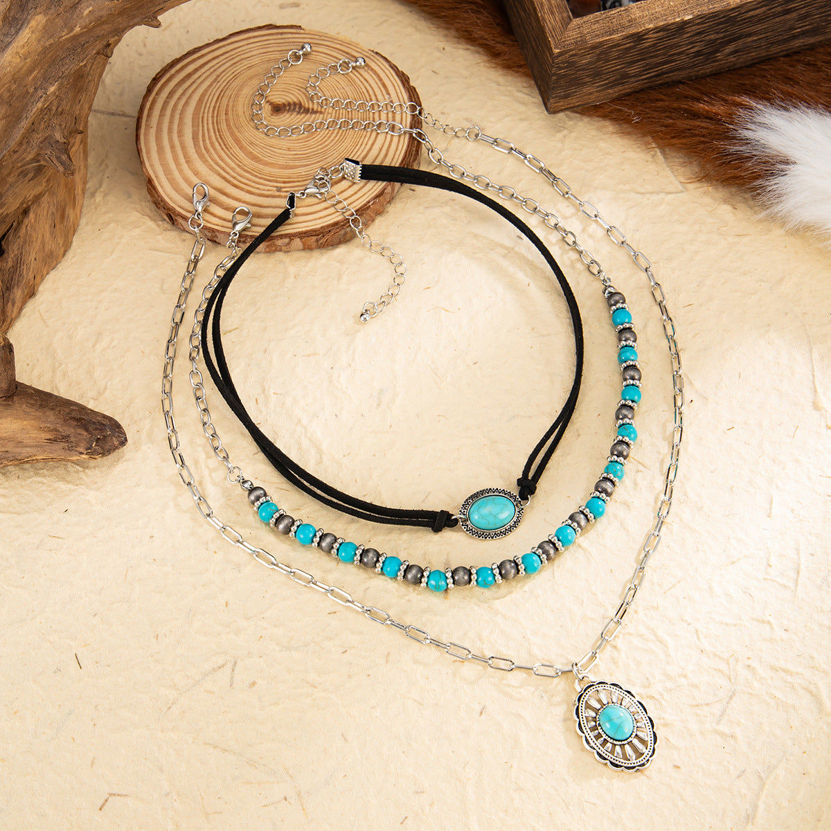 Retro Imitation Turquoise Stacked Western Denim National Cactus Cow Head Pendant Neck Necklace