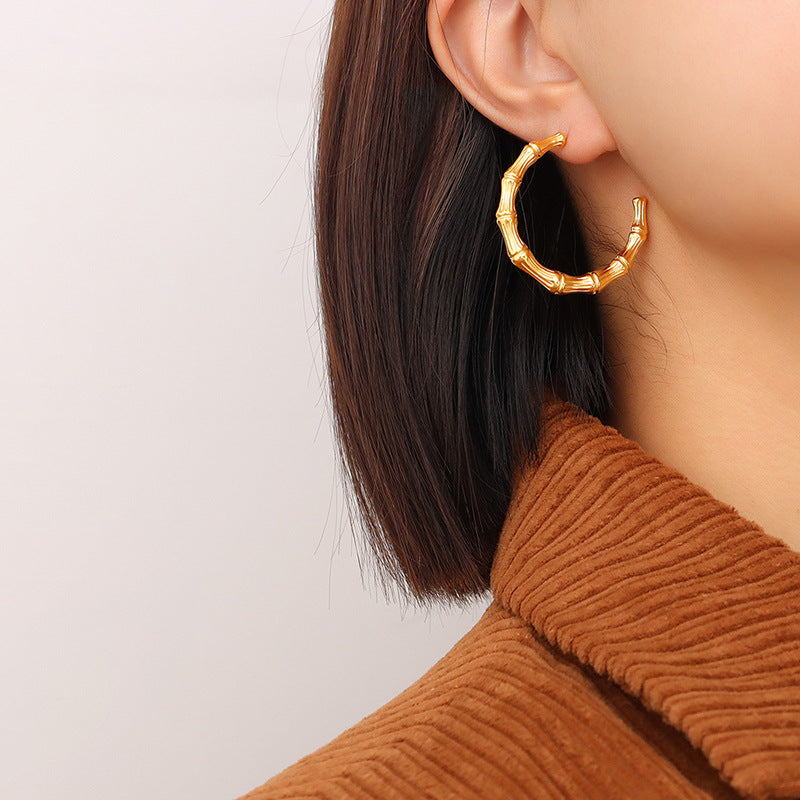 Bamboo Geometric C-Shaped Earrings with 18K Gold Plating - Personalized and Non-Fading