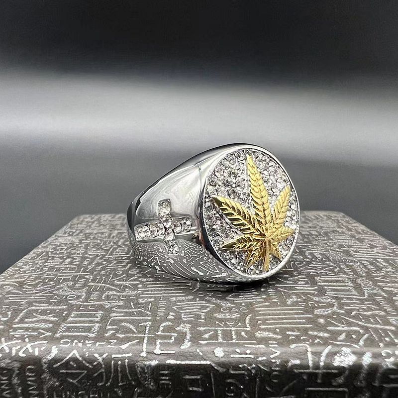 Planderful Collection Hip Hop Titanium Steel Ring For Men Gold Maple Leaf Rhinestone Cross