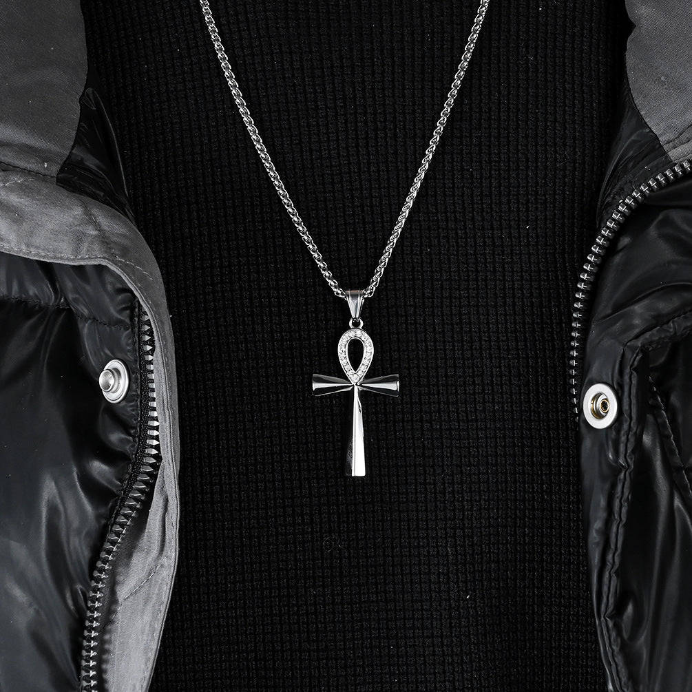 Planderful Ankh Zircon Cross Necklace For Men Titanium Steel Pendant With Inlaid Zircon Stones