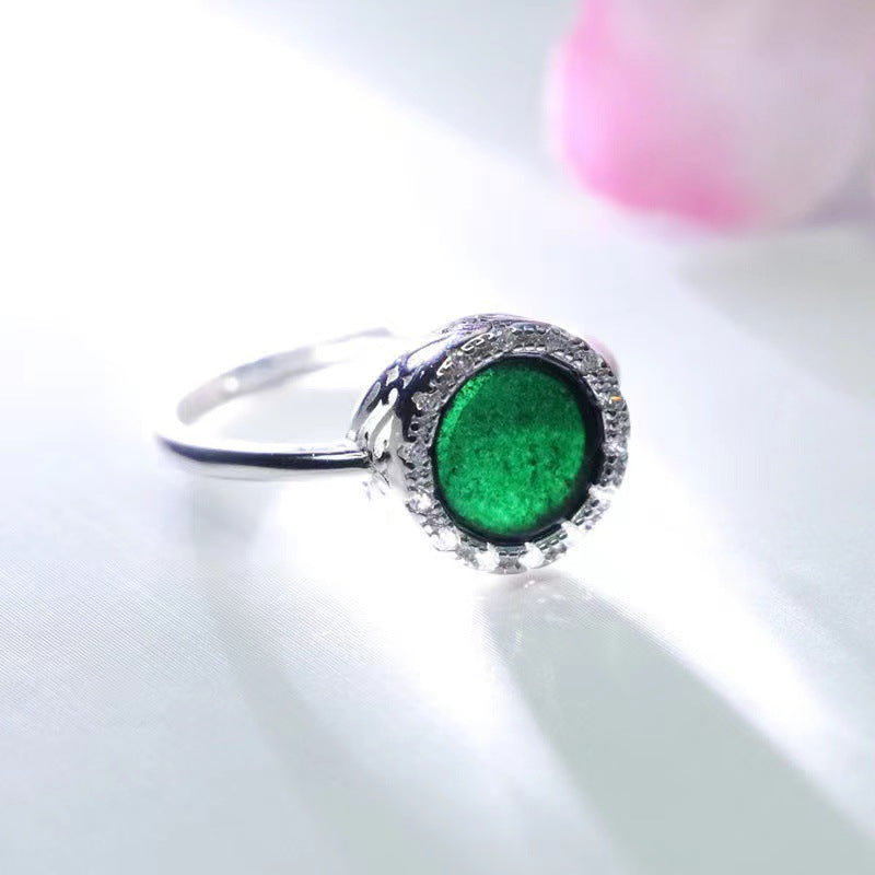Sterling Silver Adjustable Round Blackish Green Jade Ring