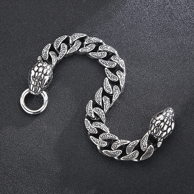 Old Smeared Pattern Snake Head Cuban Chain Bracelet – Punk Style Titanium Steel Men's