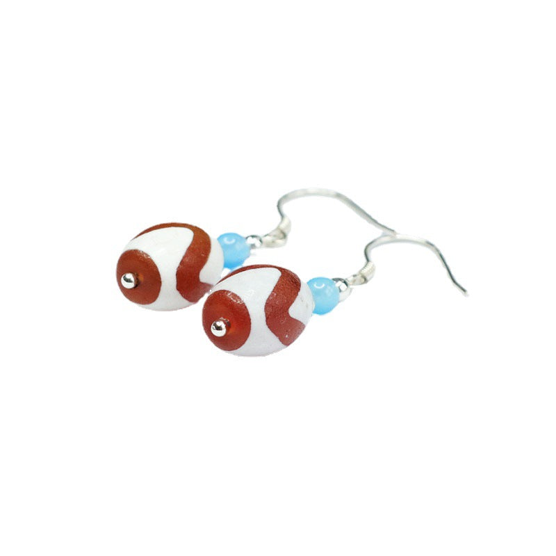 Tiger-Tooth Dzi Bead 925 Silver Hook Earrings