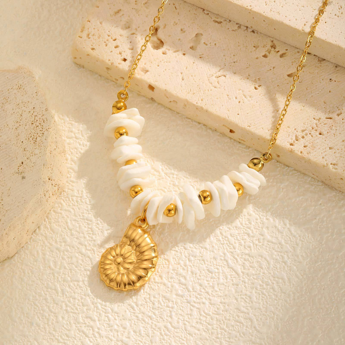 Stainless Steel Gold Summer Ocean Style White Shell Square Conch Necklace