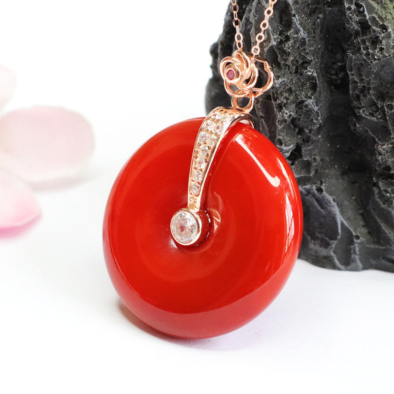 Red Agate Rose Gold Necklace with Zircon Small Flower Pendant