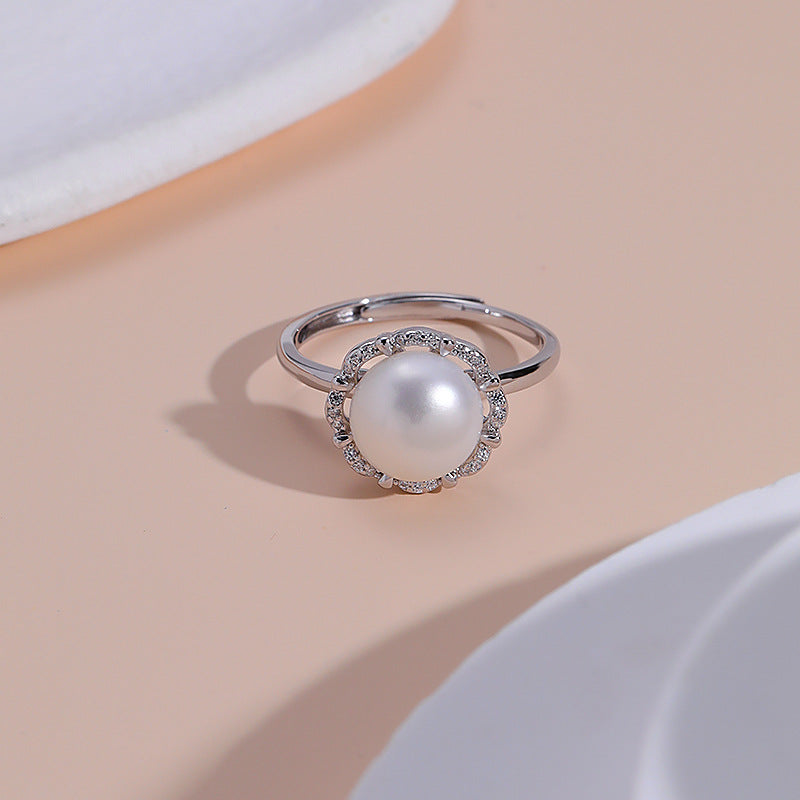 Freshwater Pearl Zircon Flower Halo Opening Sterling Silver Ring