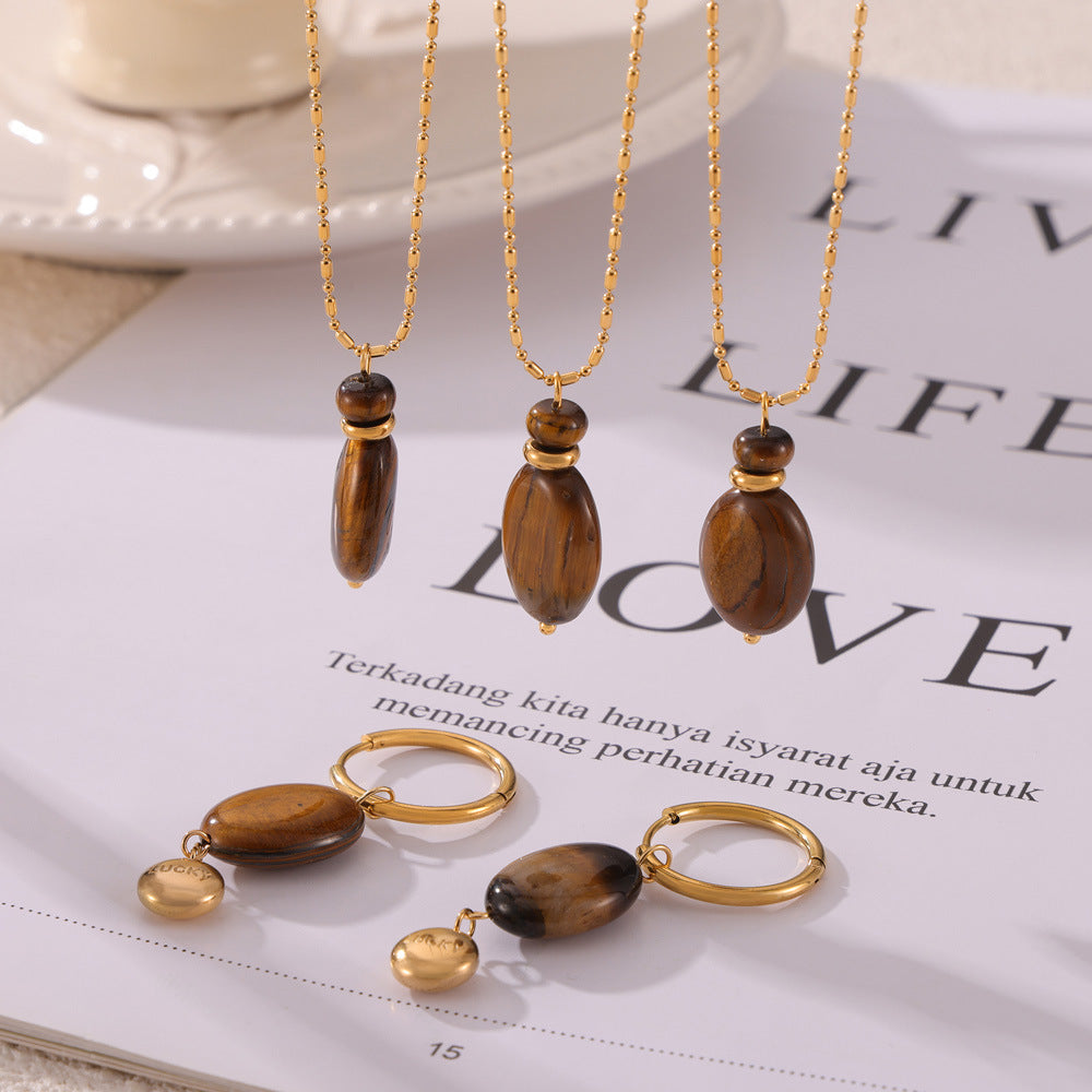 Tiger Eye Stone Pendant Necklace and Earrings Set, Unique Titanium Steel Jewelry