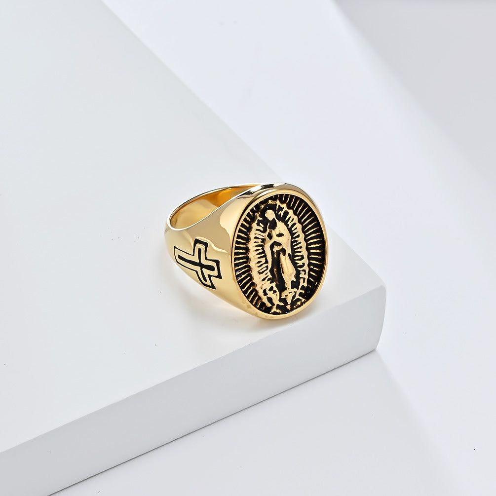 European and American Retro Virgin Mary Titanium Ring for Men and Women