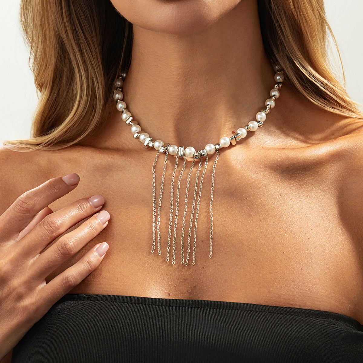 Irregular Pearl Chain Fringe Necklace