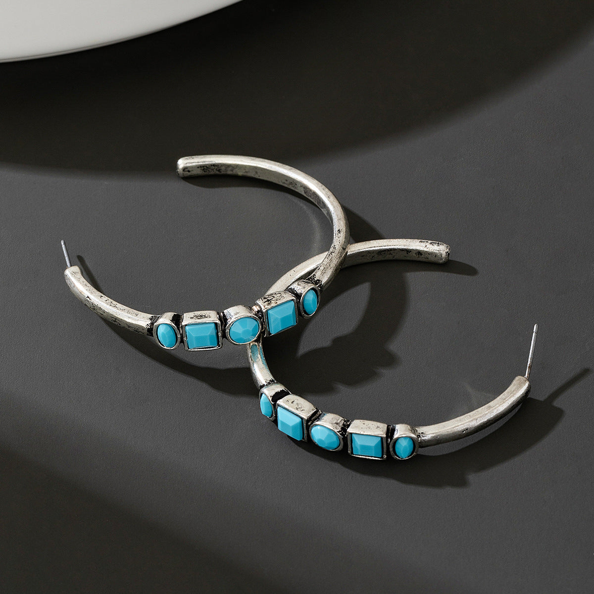 Planderful Vienna Verve Earrings – Stylish Metal C-Shaped Design with Turquoise Accents