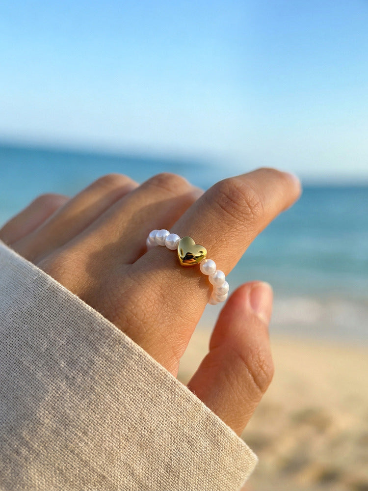 Stainless Steel Starfish Shell Imitation Pearl Summer Seaside Vacation Wind Ring
