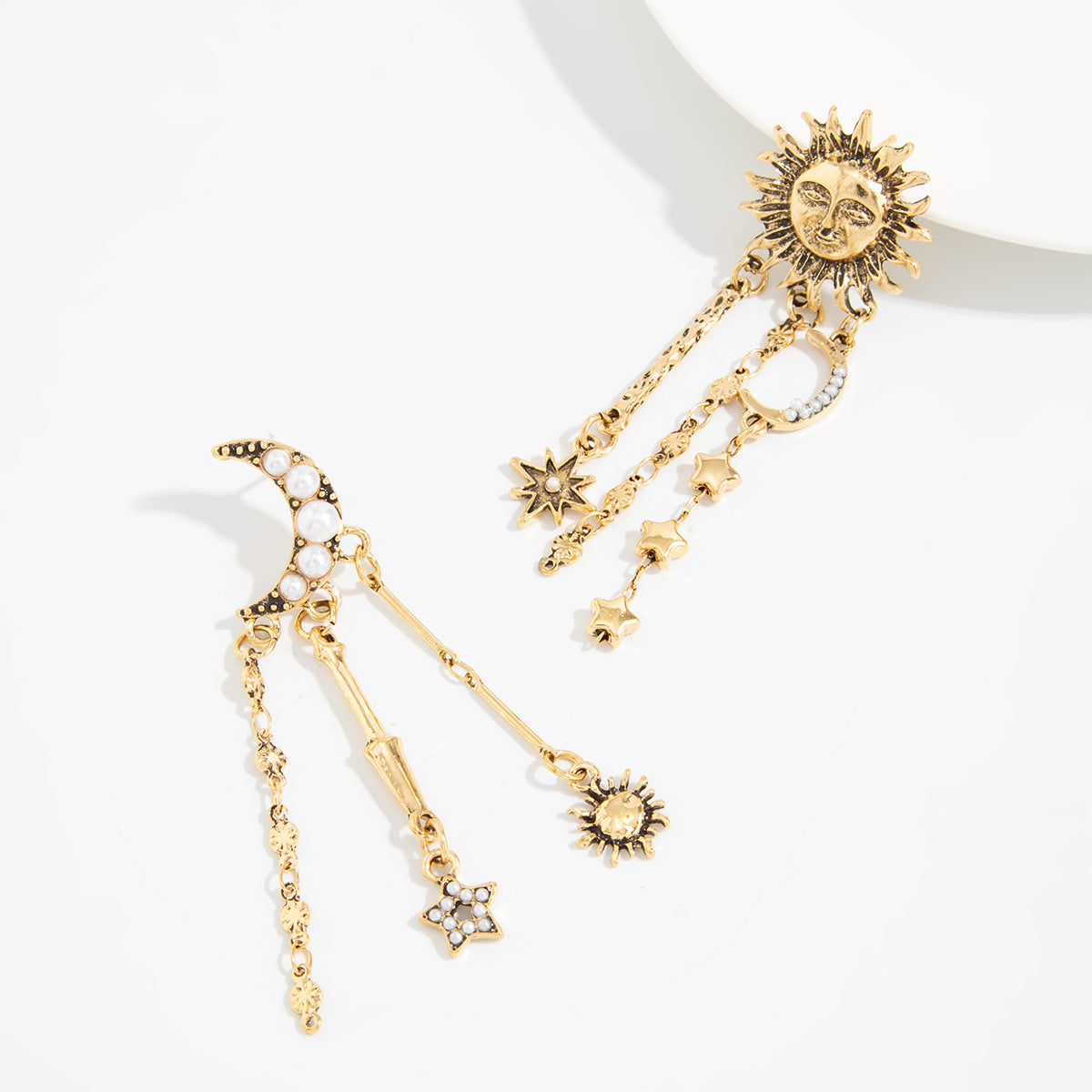 Planderful Ethnic Sun Moon Star Fringed Long Stud Earrings Imitation Pearl Versatile Statement Jewelry For Women