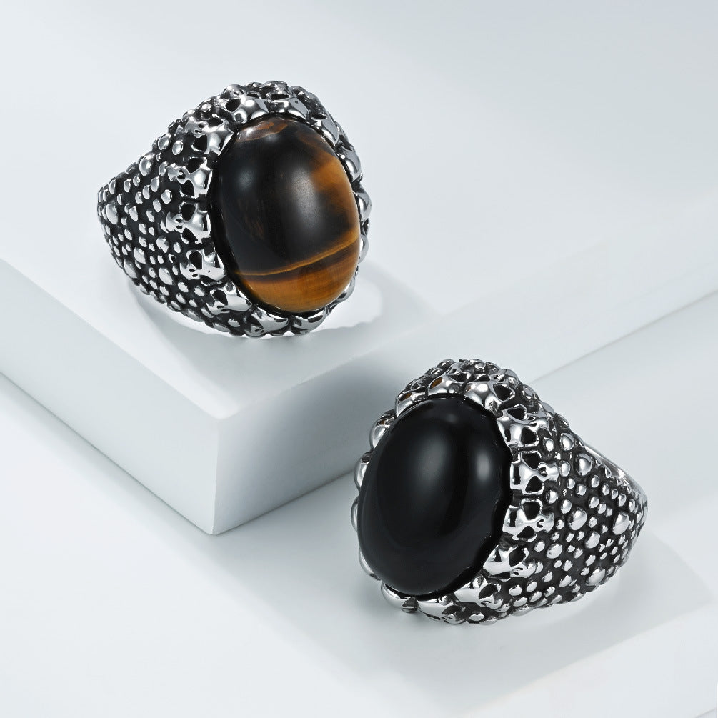 Planderful Everyday Genie Skull Ring With Tiger Eye Stone Titanium Steel Unisex Streetwear Protection