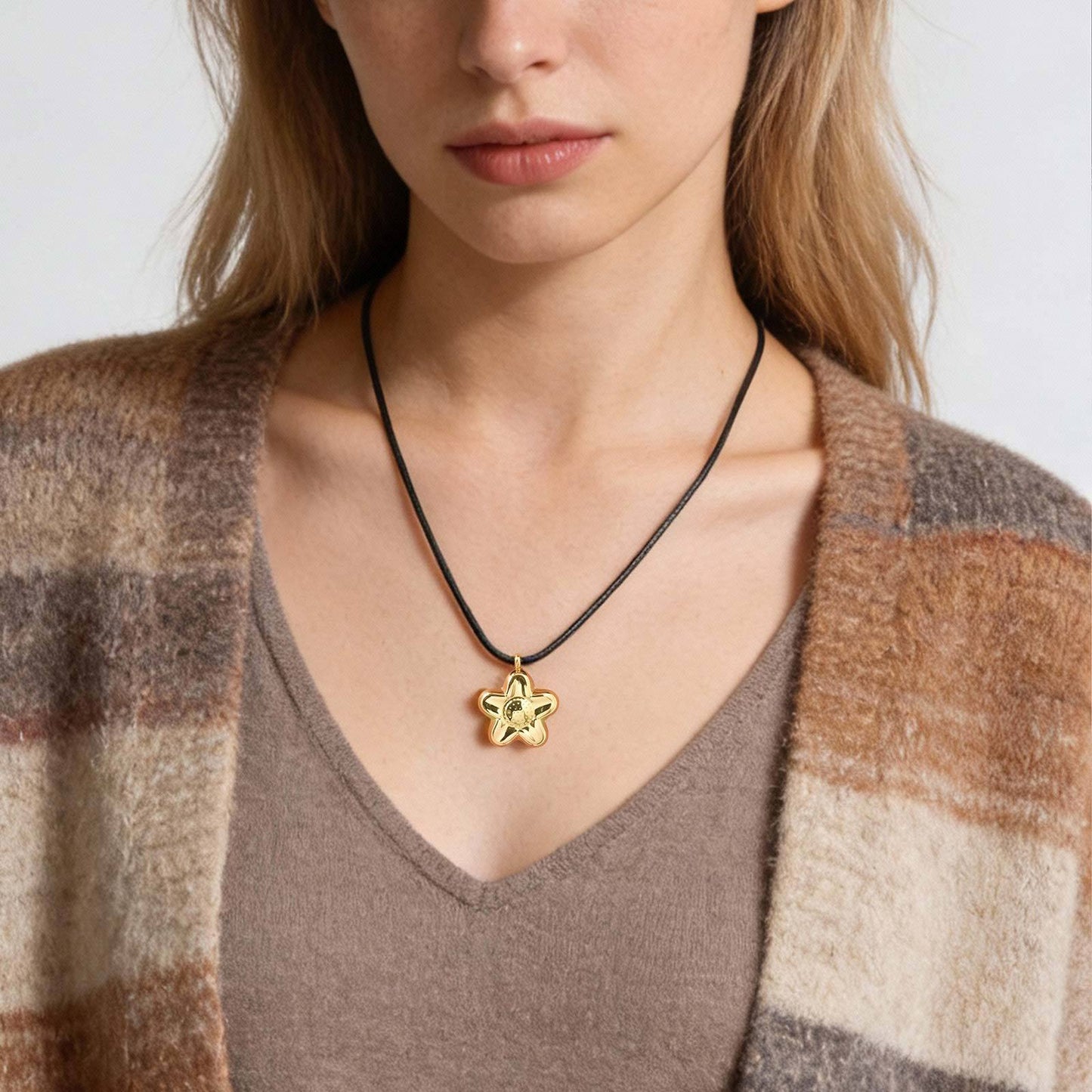 Stainless Steel Geometric Hollow Pendant Star Conch Small Flower Wax Rope Necklace
