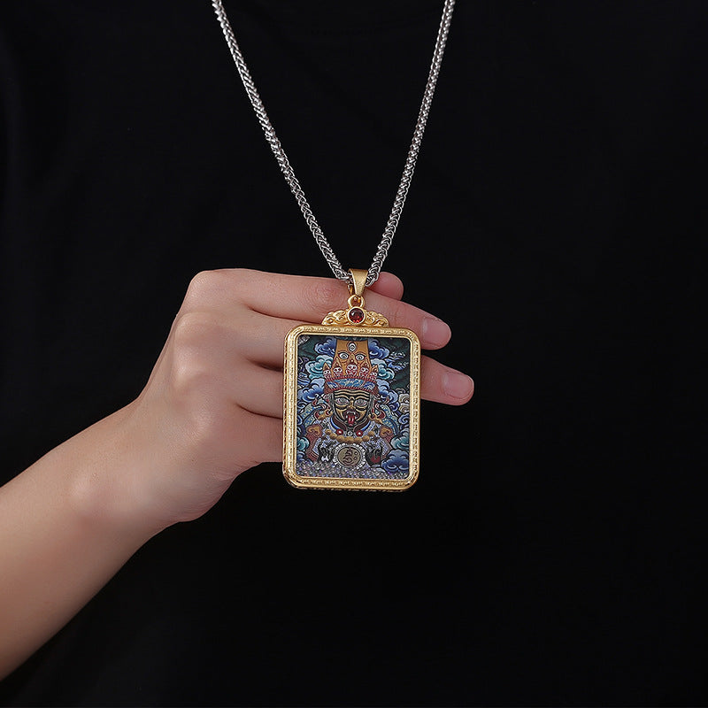 Steel Necklace – Elegant Chinese Style Dragon Thangka Pendant Necklace For Everyday Wear