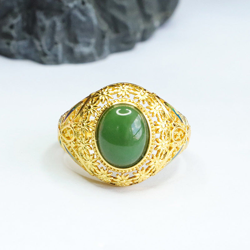 Vintage Hollow Oval Natural Hotan Jade Jasper Ring