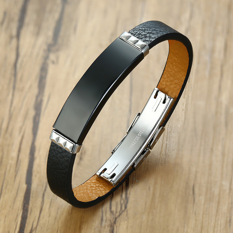 Stainless Steel Curved Leather Bracelet Men's Trendy Black Bracelet