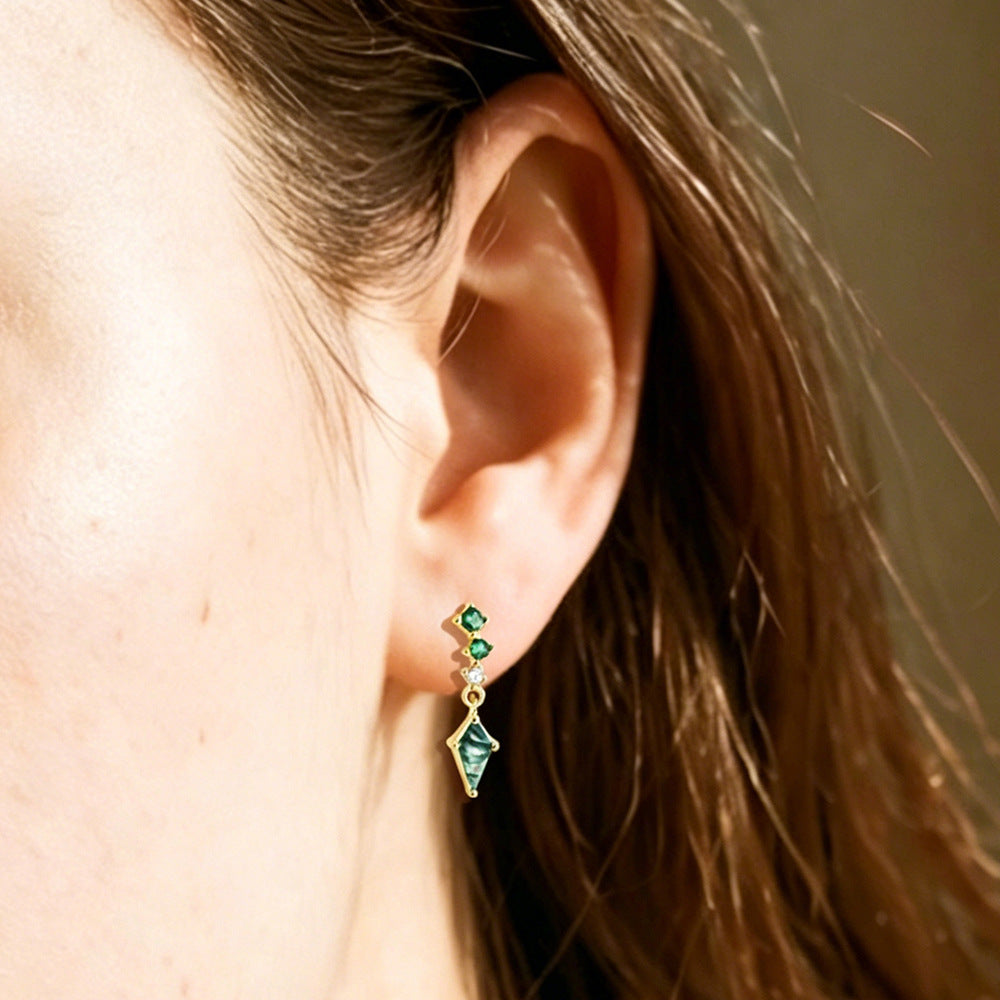 S925 Sterling Silver Natural Aquatic Agate Zircon Stud Earrings Geometric Rhombus Fringed Earrings
