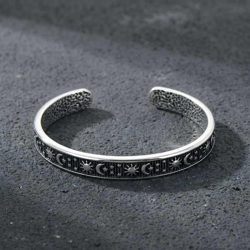 Gothic Little Skull Layered Casting Open Bracelet Sun – Moon & Stars Engraved