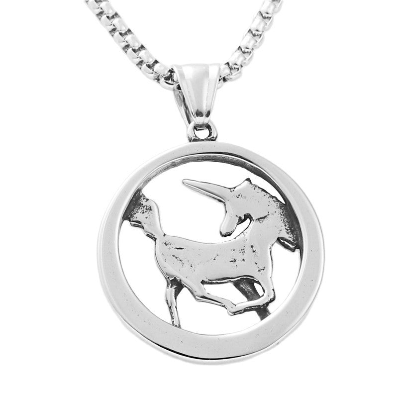 Titanium Steel Unicorn Pendant Necklace for Men - Retro Punk Animal God Design