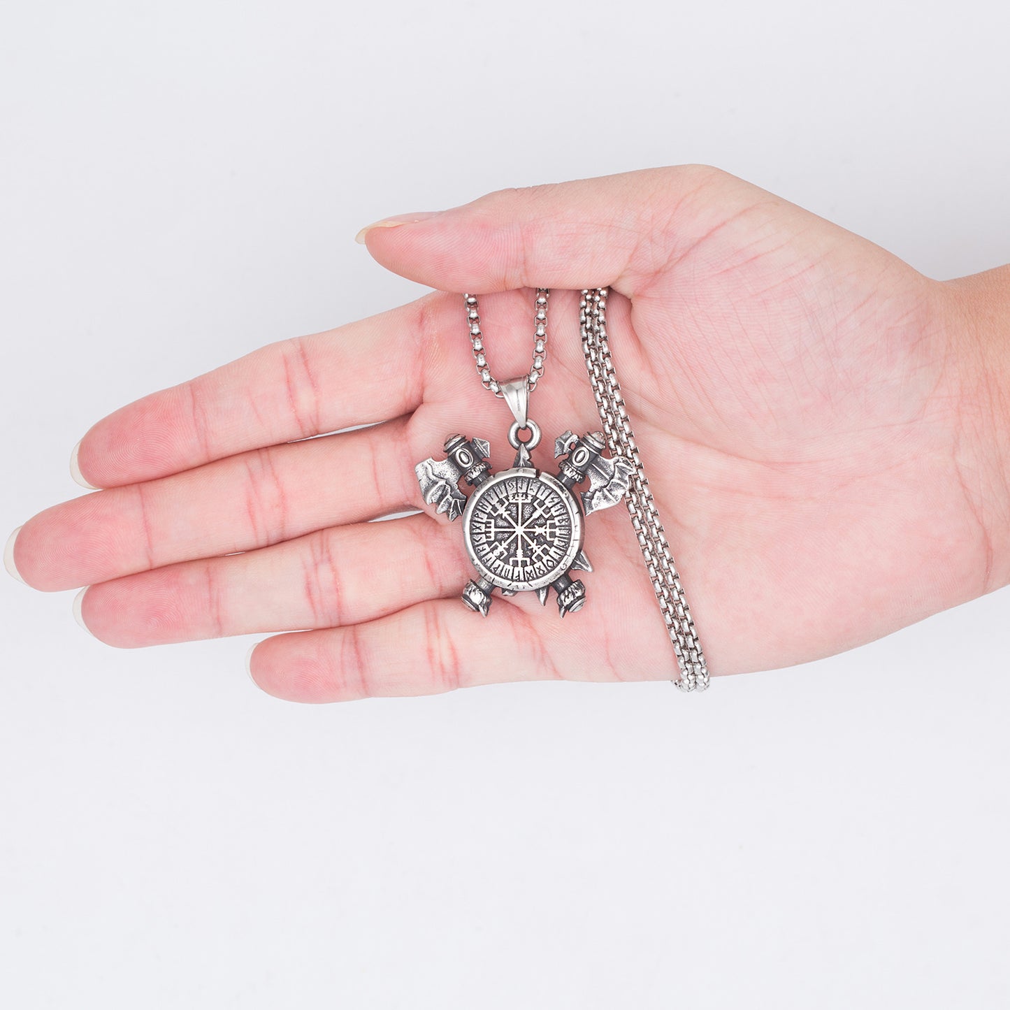 Steel Necklace – Statement Odin Viking Pendant Featuring Runic Shield And Axe Motif
