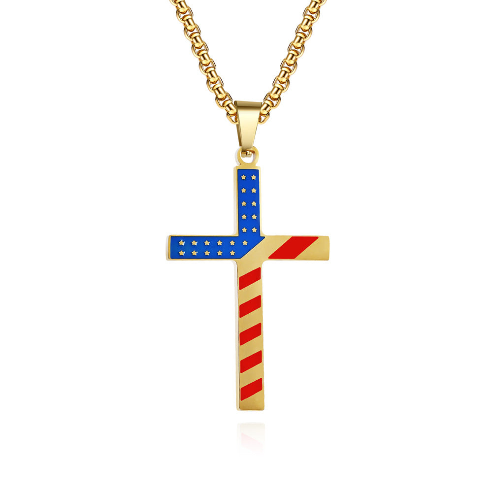 Planderful American Flag Cross Necklace Titanium Steel Unisex Hip Hop Style Premium Daily Wear