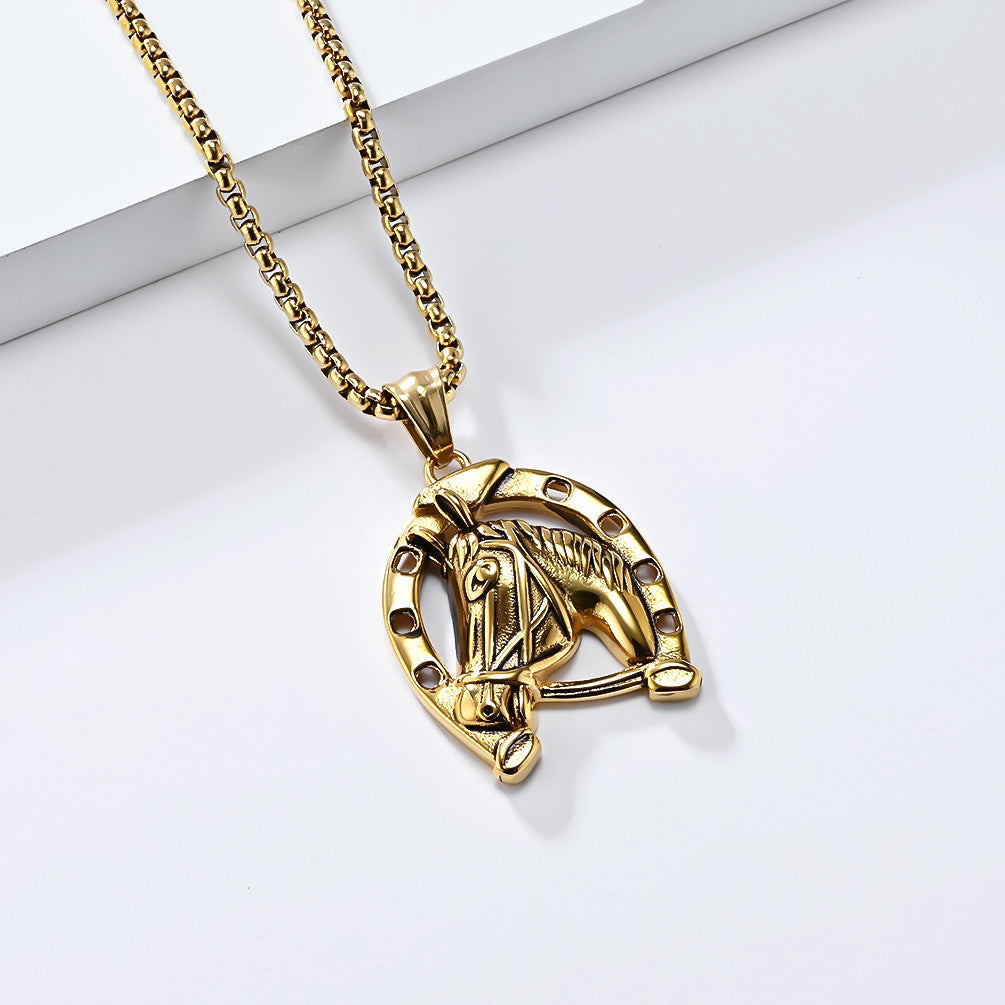 Cross-Border Retro Horseshoe Horse Head Titanium Steel Necklace