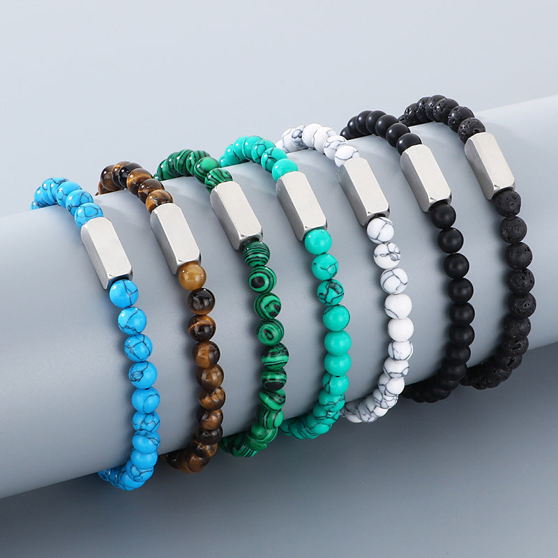Stylish Stainless Steel Square Volcanic Stone Bracelet – Tiger's Eye Stone Matte Bead