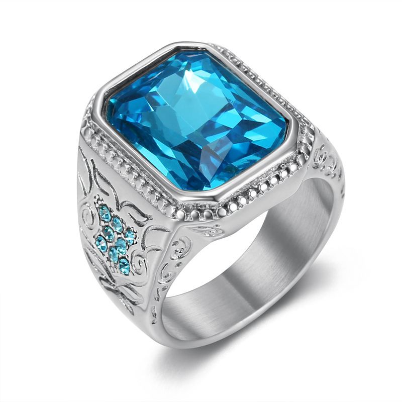 Planderful Hip Hop Ring For Men Gold Plated Titanium Steel Ice Blue Rhinestone Glass Gem Everyday Genie