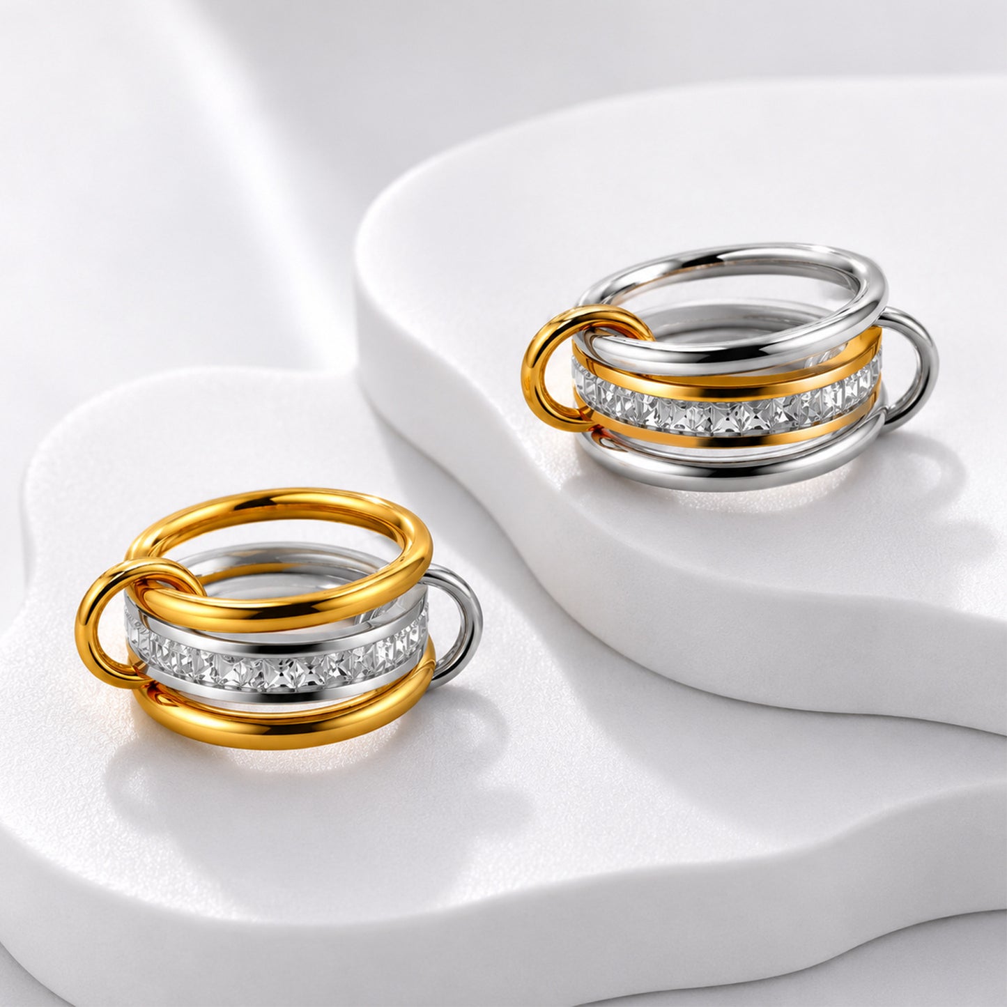 Interlocking Chain Ring Planderful Light Luxury Zircon Inlaid Stainless Steel Unisex Gold Silver
