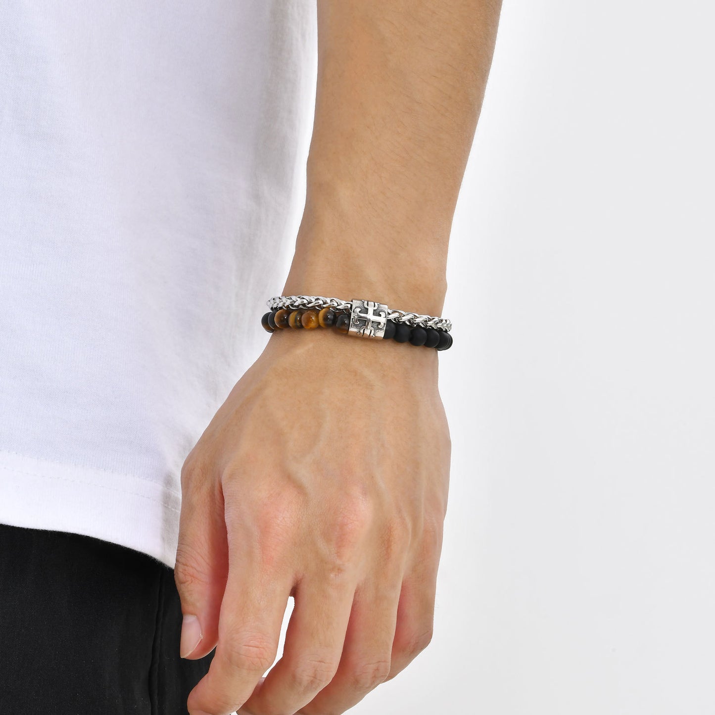 Jewelry Wholesale Stainless Steel Double Tiger's Eye Agate Cross Bracelet