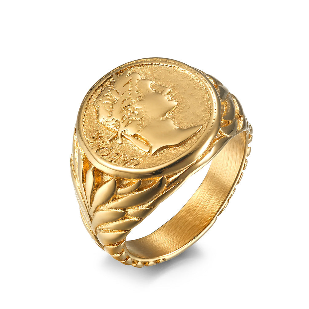 European And American Style Roman Empire Julius Caesar Stainless Steel Ring, Retro Coin Caesar Head Hipster Jewelry For Men