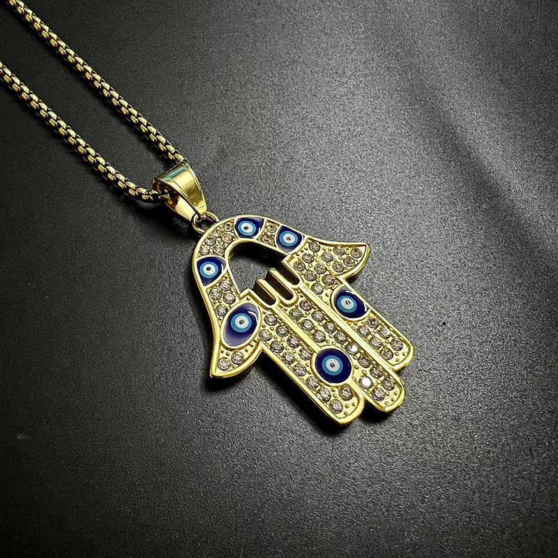 Planderful Everyday Genie Unisex Hamsa Fatima Evil Eye Necklace Hip Hop Style Titanium Steel Gold Plated Zircon Pendant