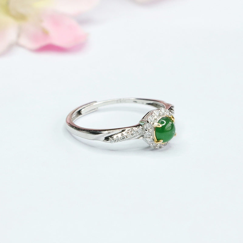 Emperor Green Jade Sterling Silver Zircon Ring With Adjustable Opening