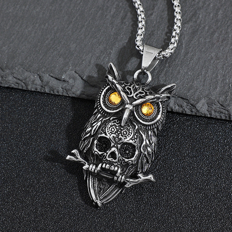 Planderful Owl Skull Pendant Necklace Retro Punk Stainless Steel Statement Jewelry For Goth Fashion