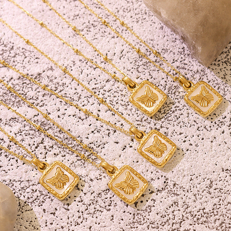 Korean Butterfly White Seashell Pendant Necklace - Gold Plated Clavicle Necklace