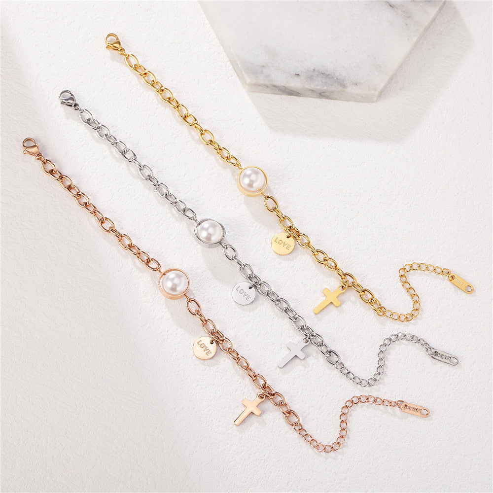 Planderful Pearl Cross Bracelet For Women Titanium Steel Durable Elegant Everyday Statement Accessory