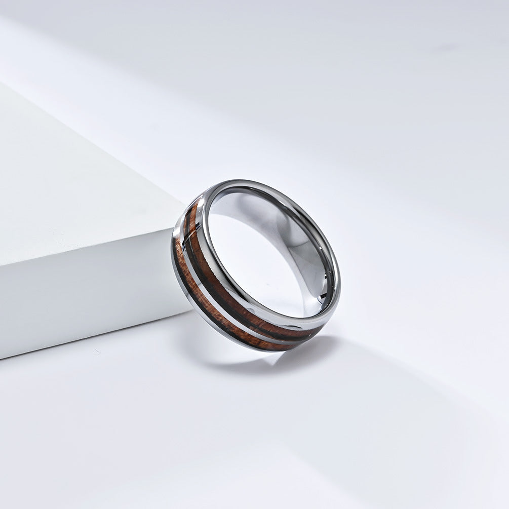 Planderful Tungsten Steel Ring With Parquet Wood Inlay Double Groove Unisex Couple Ring